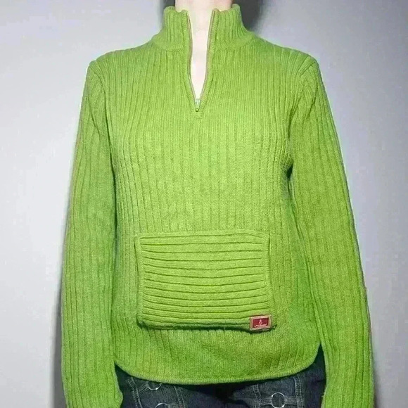 Vintage 90s / Y2K apple green knit acrylic high neck quarter zip-up sweater - Picture 2 of 13
